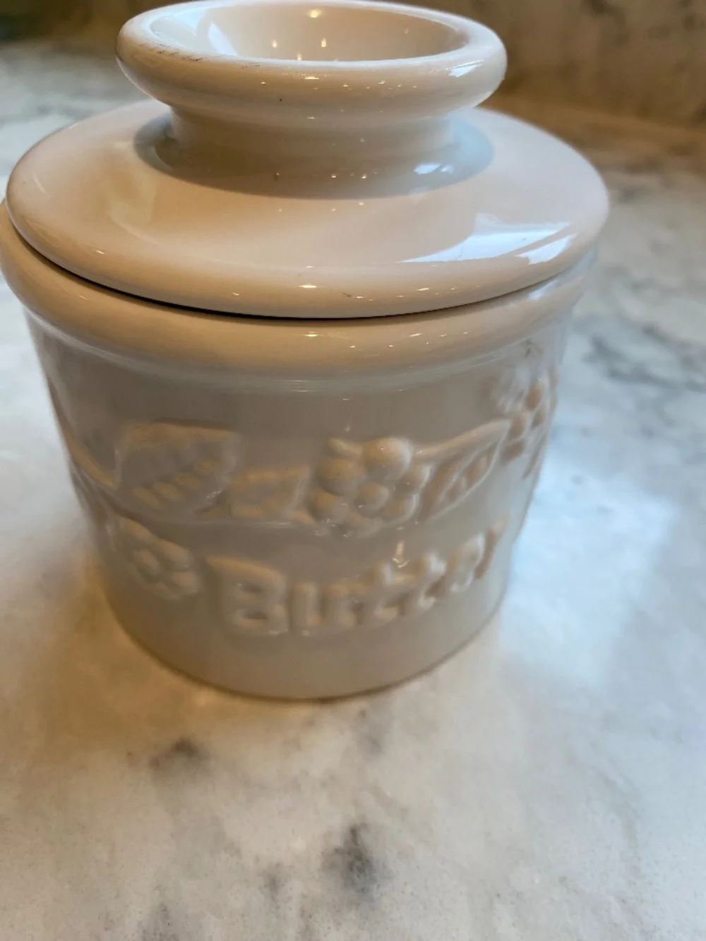 Vintage Butter Bell Crock Classic White Raised Floral Beurre